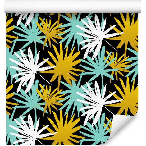 Papel pintado con estampado de hojas tropicales en amarillo y azul marino para salón y dormitorio, 50x1000 cm. (1/5)