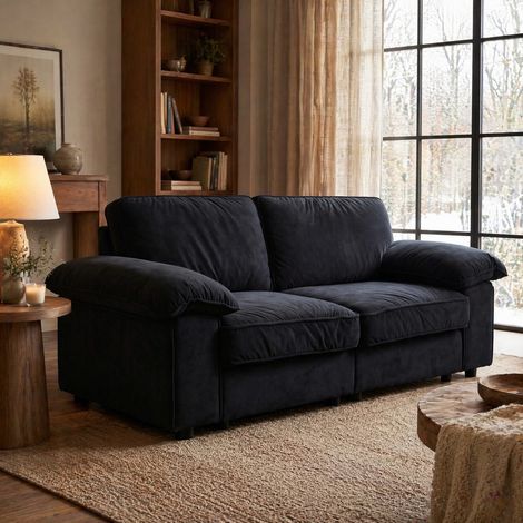 Divano a 2 posti con contenitore integrato, tessuto peluche corto nero, struttura in legno, OKWISH (1/5)