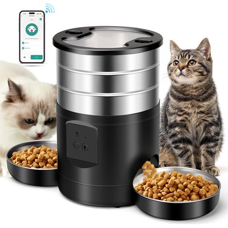 5L Distributeur Croquettes Chat Automatique 2 Bols, 2.4G WiFi Acier Inoxydable Anti-colmatage 24h Réservation 10 Repas par Jour Alimentation Personnalisé Distributeur Automatique pour Chiens et Chats (1/5)