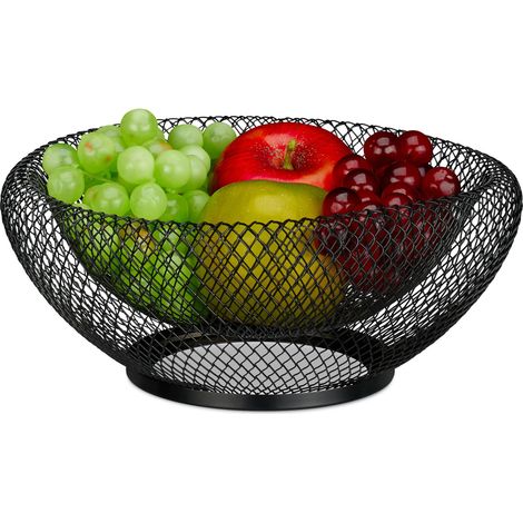 Relaxdays Metal Fruit Bowl, Round Wire Basket, Mesh Design, Double Wall, 10 x 25 cm, Fruits, Bread & Vegetables, Black