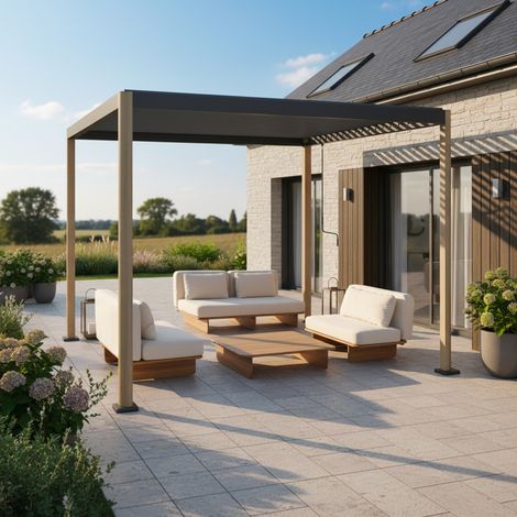 Pergola bioclimatique effet bois aluminium et acier lames orientables 3x3m - Imperial