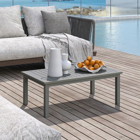 Table basse rectangulaire 100x60x37cm, plateau à lattes, aluminium, intérieur/extérieur, gris