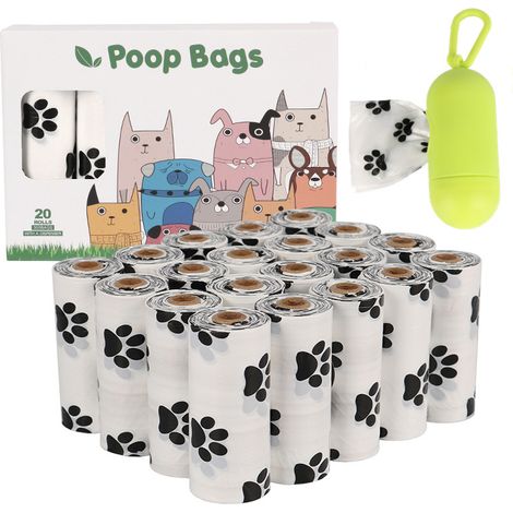 20 rouleaux de sacs à déjections biodégradables Dog Paws epi - blanc - avec distributeur, sacs à déjections imperméables pour chiens, sacs de ramassage de crottes, sacs à déjections pour chiens, épais
