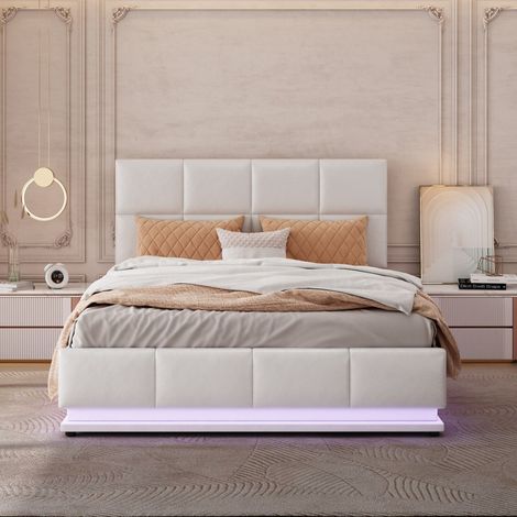 Lit double coffre levage hydraulique-LED-espace rangement-sommier simili cuir-blanc-142x202.5x114(cm)-Sans Matelas (1/5)