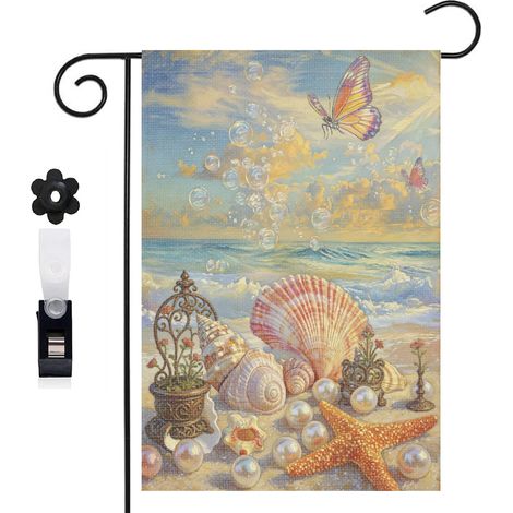 Drapeau de jardin 30 x 45 cm motif coquillages étoiles de mer et perles style été toile double face (1/5)