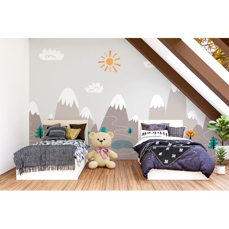 Papier peint enfants - paysage de montagnes grises et petits nuages - 150 x 250 cm (1/2)