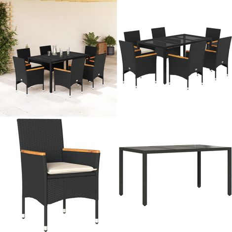 Ensemble à manger de jardin et coussins 7 pcs noir rotin acacia - Salon De Jardin - Mobilier De Jardin - Set De Salon De Jardin - Table De Jardin - Chaises De Jardin - Home & Living (1/5)