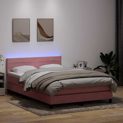 Sommier à lattes de lit avec matelas et LED rose 160x220 cm velours
