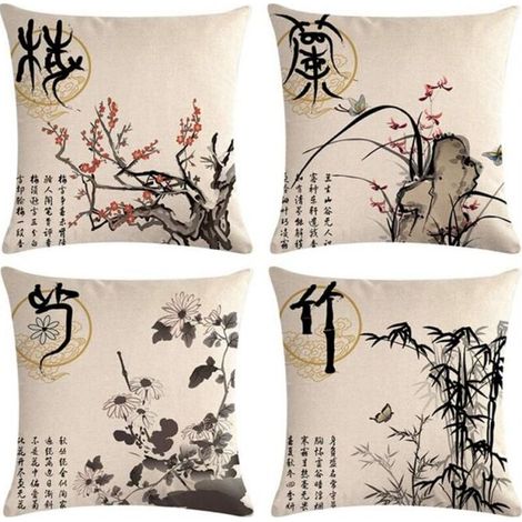 stücke Tuschmalerei Kissenbezug Pflaumenblüte Chrysantheme Orchidee Chinesischen Traditionellen Kissenbezug FLITI
