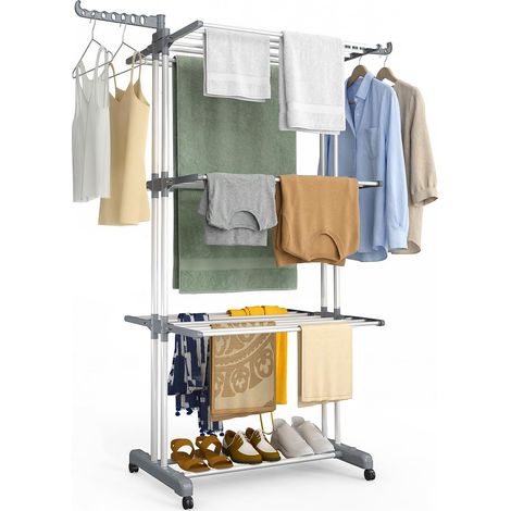 Étendoir à Linge à 4 Niveaux 126x63x170cm Sechoir à Linge Grande Capacité Pliable avec roulettes Ailes latérales Utilisation Intérieure et Extérieure Gris Blanc (1/5)