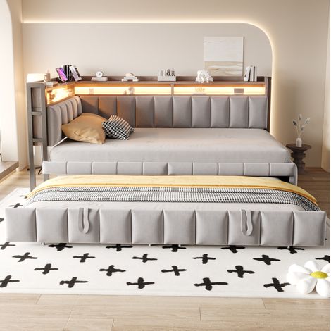 Schlafsofa 90x200 cm aus hellgrauem Samt mit LED und USB-C, platzsparend, ohne Matratze – MEUBLIV (1/5)