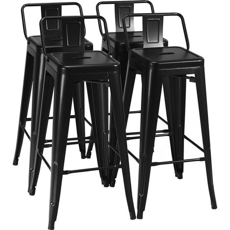 Tabourets de bar hauts noirs lot de 4 en métal avec dossier bas et patins caoutchouc pour cuisine, bar et terrasse (1/5)