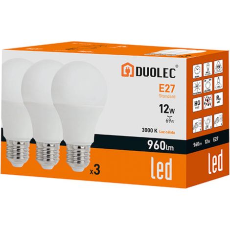 Pack 3 bombillas Led estándar DUOLEC E27 luz cálida 12W - (1/2)