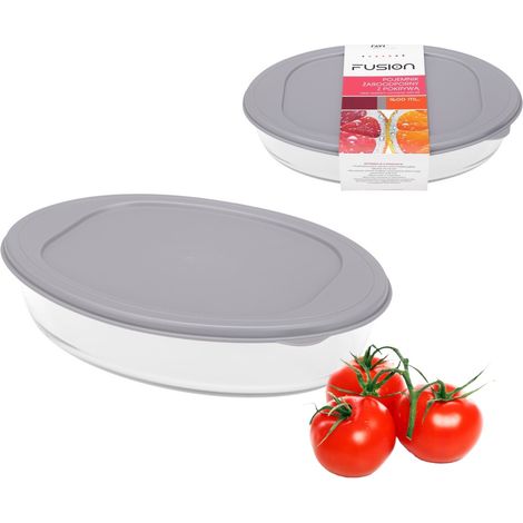 Recipiente de vidrio resistente al calor, transparente, ovalado, para ensalada con tapa gris para alimentos, FUSION n.° de artículo 81460, 1600 ml (1/2)
