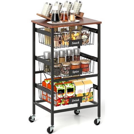 COSTWAY 4-Tier Kitchen Storage Cart Mobile Utility Cart w/Wooden Top-Black (1/5)