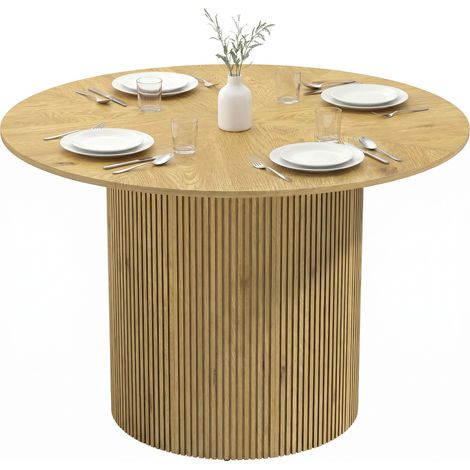 HOMCOM mesa de comedor redonda, mesa de cocina para 4-6 personas con base cilíndrica acanalada, marco metálico, carga 100 kg, Ø110x75 cm, roble (1/5)