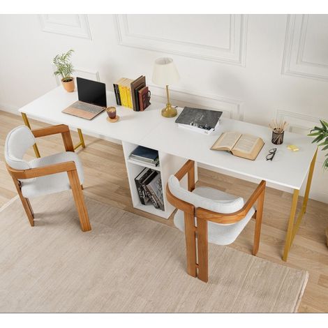 Studiertisch Melamin 240x60 cm Twin Study Desk Weiß und Gold