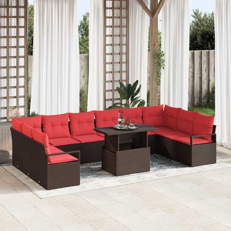 Garten-Sofa-Set mit Kissen 11 pcs Braun und Rot Poly-Rattan (1/5)