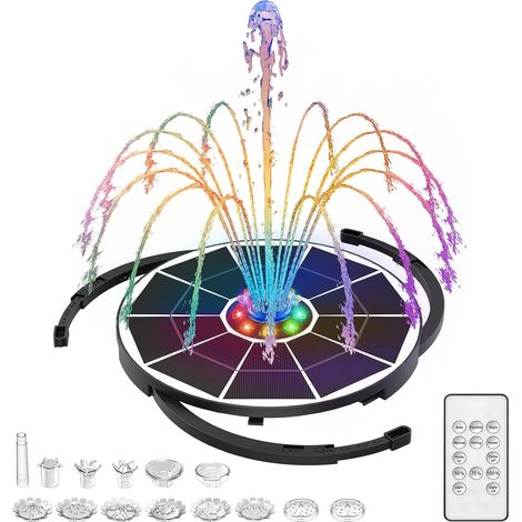 Fontaine solaire à LED 5,5 W pour extérieur, avec télécommande, LED colorée, avec batterie de 3000 mAh, 8 styles de fontaine, pompe à eau pour jardin, bain d'oiseaux, étang (1/5)