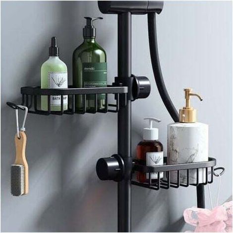 Etagère et rangement de douche-Lot de 2 Étagère Douche Sans Percage Inox, Étagère Salle de Bain Télescopique Inoxydable, Porte Savon Barre Douche, noire-- (1/4)