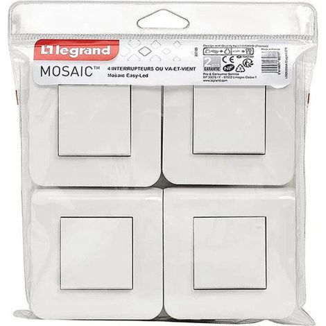 Legrand – Lot de 4 interrupteurs va-et-vient Mosaic 10A – Plaque finition blanche RAL9003 – Connexion rapide par bornes automatiques – Pour installations électriques (1/3)