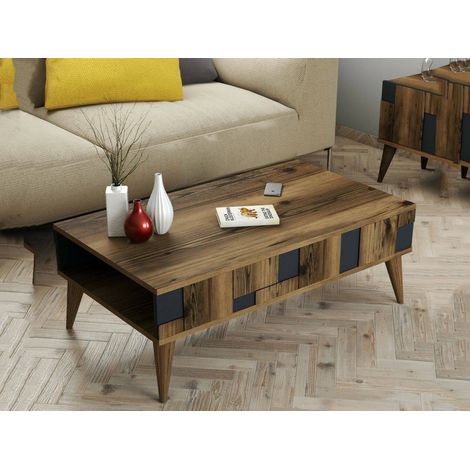 Dmora - Mesa de café Dminut, Mesa de centro baja, Revistero para sofá, Estante de la sala de estar, 105x60h38 cm, Nogal y Antracita (1/5)