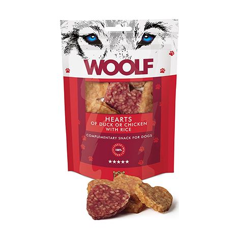 Biscotti per cani Woolf con cuori di anatra o pollo e riso, 100 g