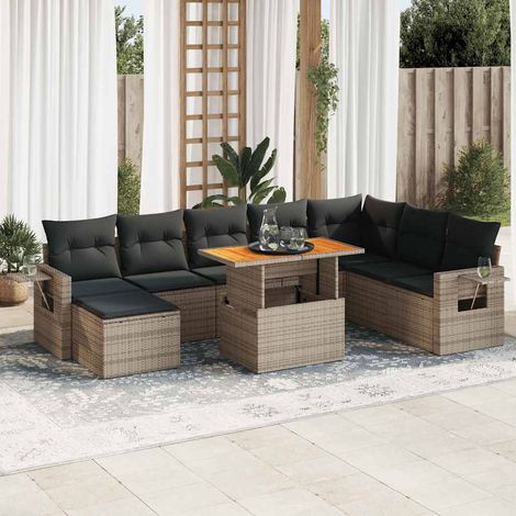 Salon de jardin 9 pièces en résine tressée grise avec coussins et rangement, 84.2kg - PANGIVO (1/5)