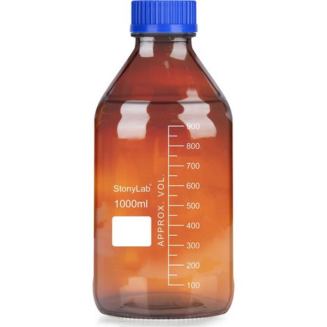 Glasaufbewahrungsflasche – 1 Stück – Braunglas GL45 – 1000 ml, graduiert – Labor und Chemie – blauer Verschluss (1/5)