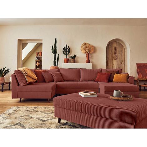 Rune – wohnlandschaft links – 7-sitzer – mit hocker – aus cord - terrakotta