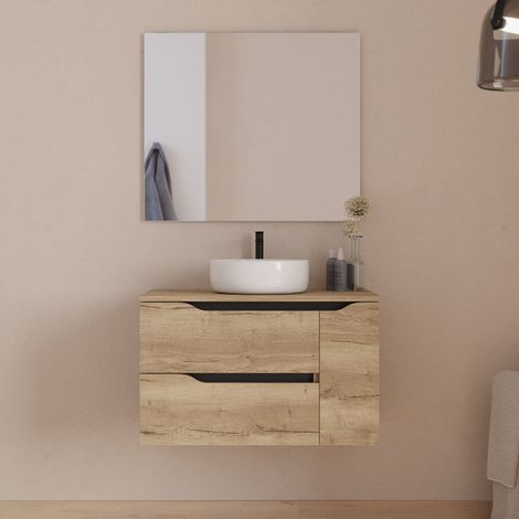 Meuble de salle de bain 80cm avec plateau, vasque à poser centrée Ares et miroir - 2 tiroirs et un placard - madera miel (bois clair) - ZARZA