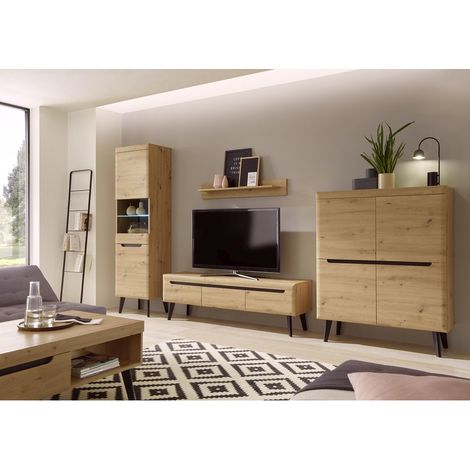 Skandinavische Wohnwand in Eiche Artisan TIROL-61 inkl. LED-Beleuchtung, B/H/T 360/197/40 cm