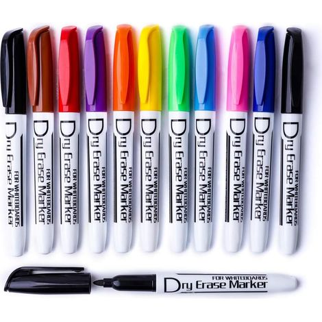 Lot de 12 marqueurs effaçables à sec pour tableau blanc - Faible odeur - Pointe fine - 10 couleurs (1/5)