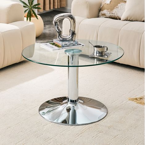 Table basse ronde 70 cm pour salon avec plateau en verre trempé et structure en métal, finition moderne, usage quotidien - argent (1/5)
