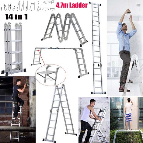 4.7m 15.4ft MultiPurpose Aluminum Folding Extension Ladder Adjustable ...