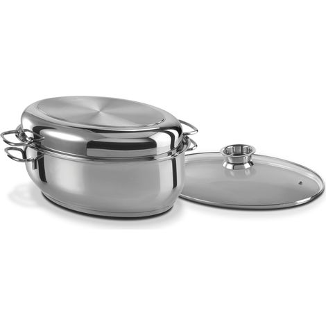 GSW 411318 - Rostiera multiuso in acciaio INOX 3 in 1, 18/8, ovale, 38 cm, in vetro, 8,5 litri, 38 x 25 cm, colore: argento (1/4)