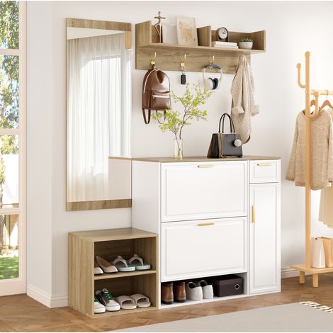 Ensemble de meubles d'entrée 4 pièces avec meuble à chaussures, banc, panneau et miroir, naturel et blanc, 139.5x35x166 cm (1/5)