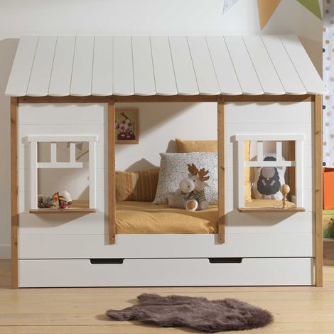 Lit maison Odense avec tiroir de lit 90x200cm MDF - blanc/bois de