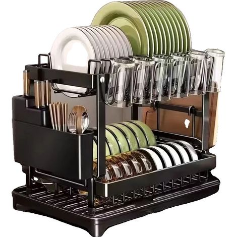 Escurridor de platos de acero inoxidable, ajustable y giratorio, color negro. (1/2)