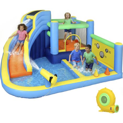 Château d'eau gonflable 8-en-1 (Souffleur 550 W inclus) : Toboggan, trampoline, mur d'escalade, piscine, panier de basket et jeu de lancer d'anneaux - matériau durable, installation facile, adapté aux