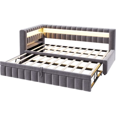 Cama tapizada 90 x 200 cm con cama nido, LED, puertos USB y Type-C, terciopelo gris (1/5)