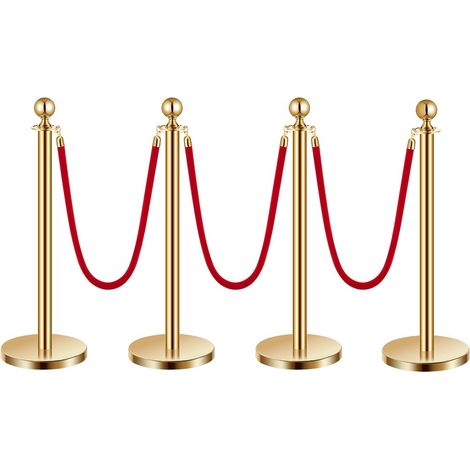 Poteau de guidage, 4 pcs, barrière de balisage pour contrôle de foules, avec base creuse, 3 cordes velours rouge et poteaux dorés en acier inoxydable, pour file d'attente en public, hôtel, fête (1/5)
