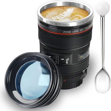 Tasse à café en acier inoxydable avec couvercle étanche et cuillère - 350 ml - Cadeau créatif pour photographes (1/5)