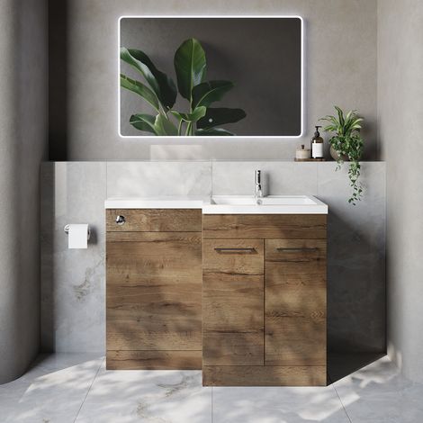Napoli 460 Tobacco Oak 1100mm 2 Door Vanity Unit Toilet Suite with Right Hand Square Lucia Basin - 1100mm - Chrome 160mm HandleWithout Kingston Toilet Pan