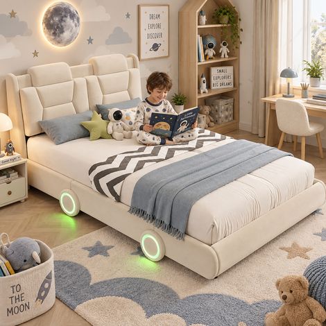 Cama infantil coche 140x200 cm de franela beige, cabecero regulable, estable, sin colchón – MEUBLIV (1/5)