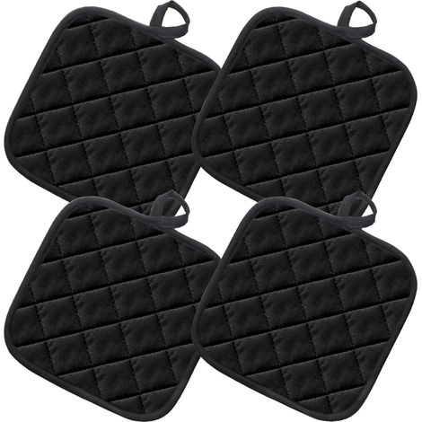 4 Pièces Noir Maniques, 18 x 18CM Manique Résistants à la Chaleur, Lavable en Machine et Durable Maniques Cuisine avec Boucle de Suspension, pour Casseroles, Four, Cuisine (1/5)