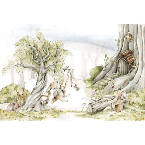Kinderfototapete mit kleinen Häschen, die im Wald spielen M067 200x135 (1/5)