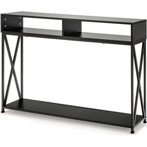 Mesa consola negra con estante abierto y estructura de acero 120 x 23 x 79 cm (1/5)