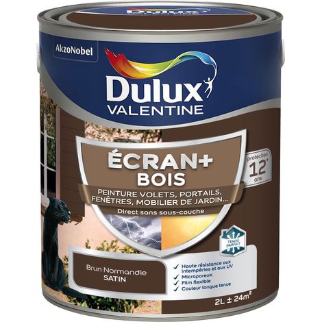 ECRAN+ BOIS - Peinture satinée pour bois extérieur - Volets, portes, fenêtres, portails - Brun Normandie 2 L - Dulux Valentine