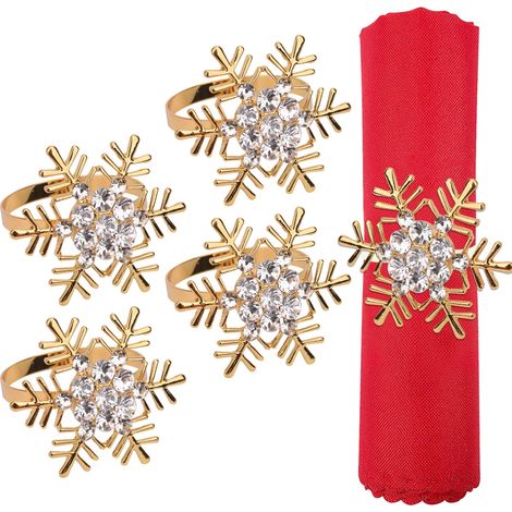 Lot de 4 ronds de serviette de Noël dorés en forme de flocon de neige avec strass pour fêtes de Noël, décoration de table, décoration de mariage (1/5)